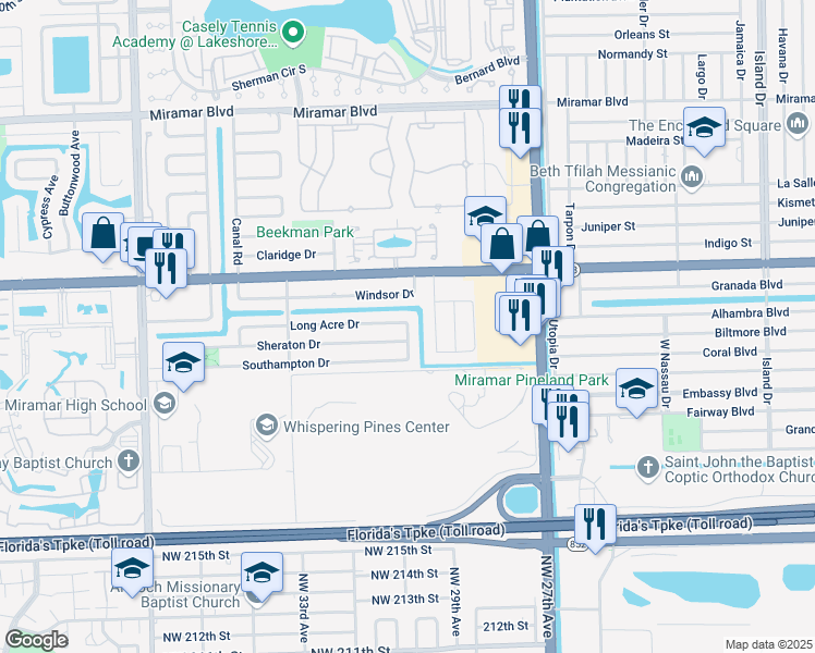 map of restaurants, bars, coffee shops, grocery stores, and more near 8425 Long Acre Drive in Miramar
