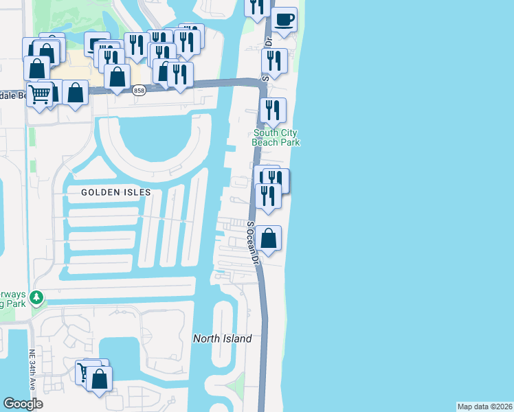 map of restaurants, bars, coffee shops, grocery stores, and more near 2006 South Ocean Drive in Hallandale Beach