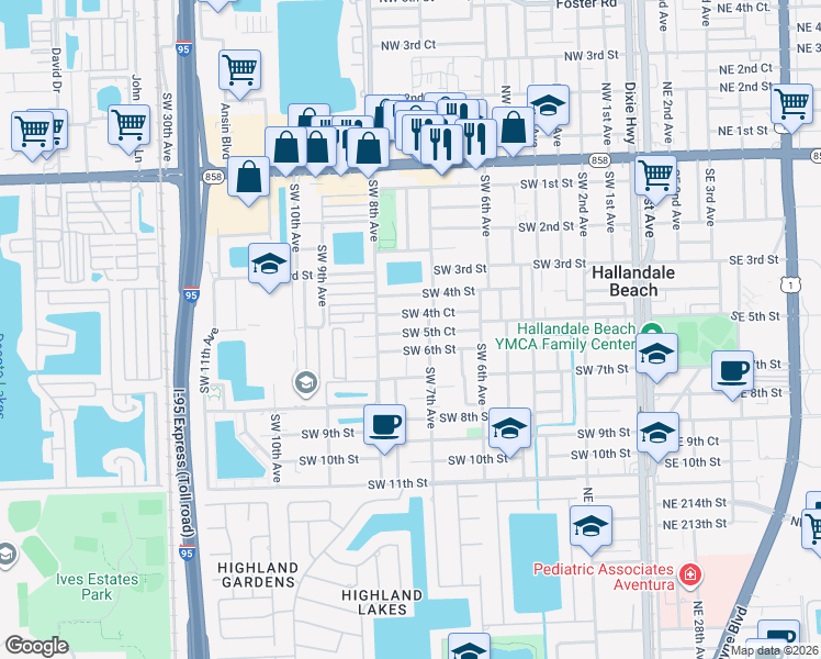 map of restaurants, bars, coffee shops, grocery stores, and more near 709 Southwest 4th Court in Hallandale Beach