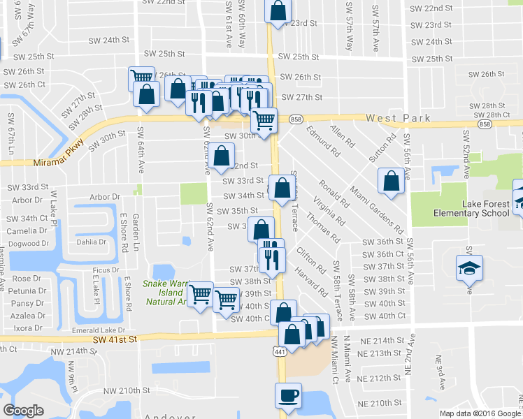 map of restaurants, bars, coffee shops, grocery stores, and more near 6020 Southwest 34th Street in Miramar