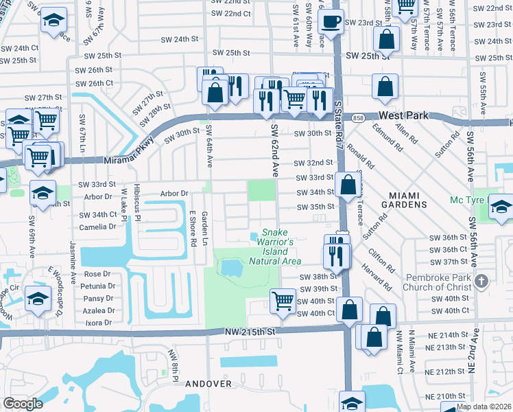 map of restaurants, bars, coffee shops, grocery stores, and more near 6300 Southwest 34th Street in Miramar