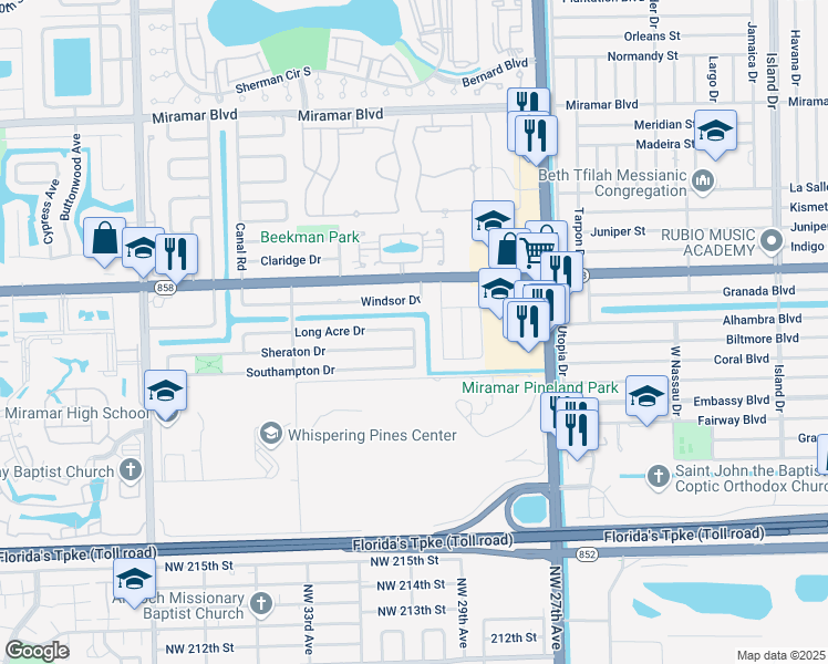 map of restaurants, bars, coffee shops, grocery stores, and more near 8425 Long Acre Drive in Miramar