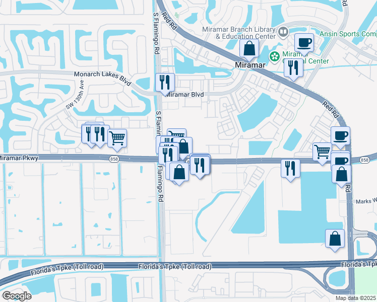 map of restaurants, bars, coffee shops, grocery stores, and more near 11671-12399 Miramar Pkwy in Miramar