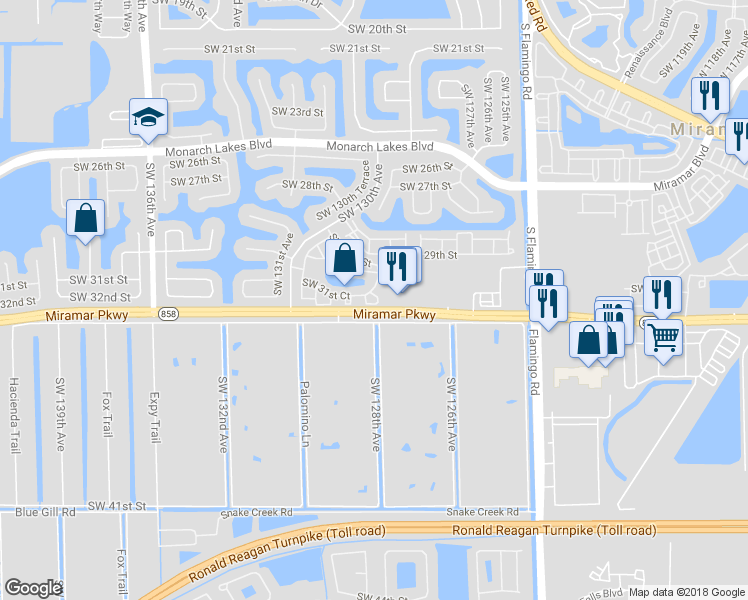 map of restaurants, bars, coffee shops, grocery stores, and more near 3121 Southwest 128th Avenue in Miramar