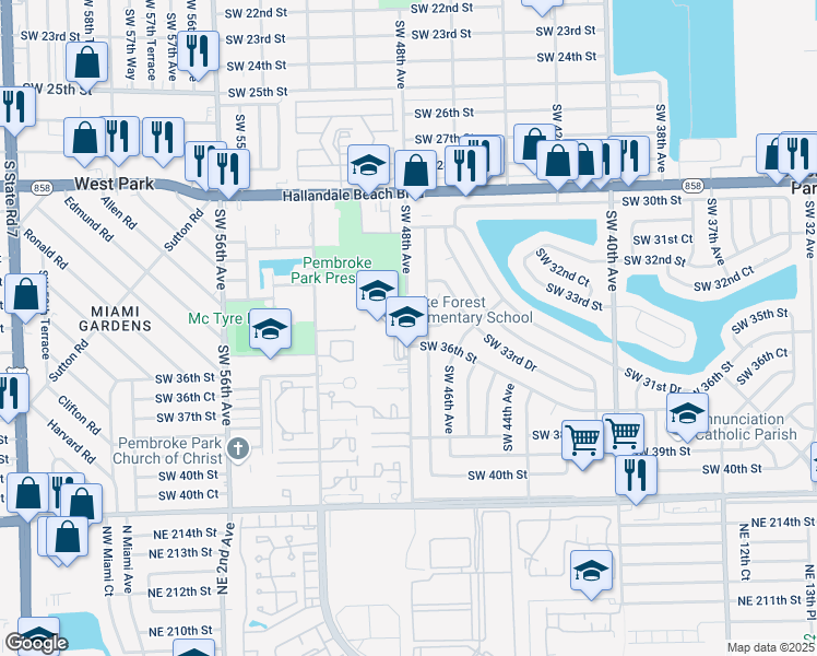 map of restaurants, bars, coffee shops, grocery stores, and more near 3450 Southwest 48th Avenue in Pembroke Park