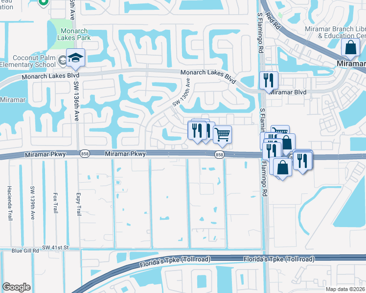 map of restaurants, bars, coffee shops, grocery stores, and more near 12821 Southwest 32nd Street in Miramar
