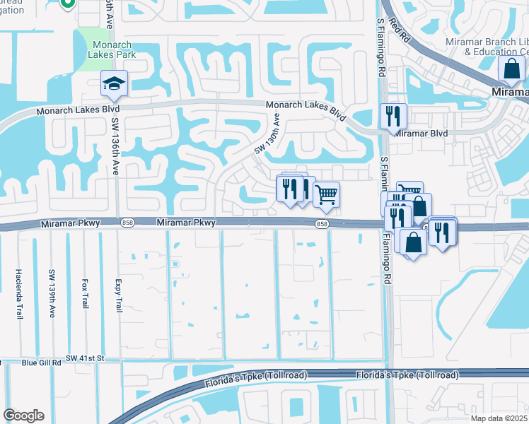 map of restaurants, bars, coffee shops, grocery stores, and more near 3178 Southwest 128th Terrace in Miramar