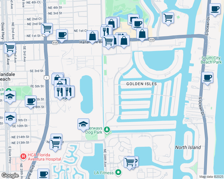 map of restaurants, bars, coffee shops, grocery stores, and more near 450 Layne Boulevard in Hallandale Beach