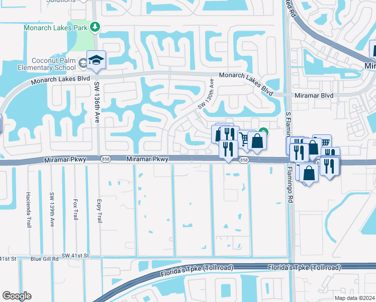 map of restaurants, bars, coffee shops, grocery stores, and more near 3178 Southwest 129th Avenue in Miramar