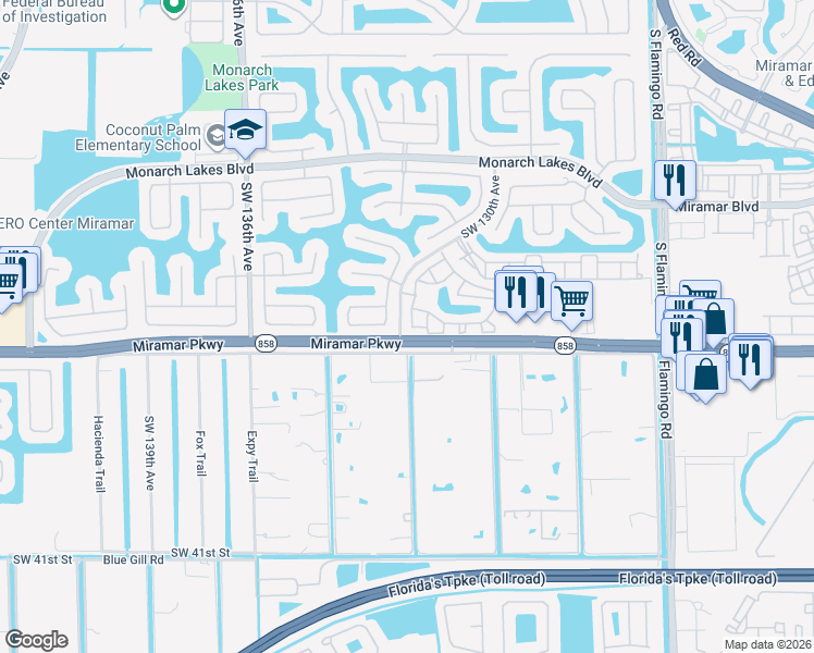 map of restaurants, bars, coffee shops, grocery stores, and more near 3155 Southwest 131st Avenue in Miramar