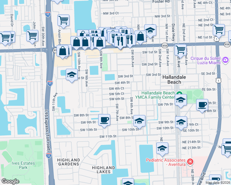 map of restaurants, bars, coffee shops, grocery stores, and more near 709 Southwest 4th Court in Hallandale Beach