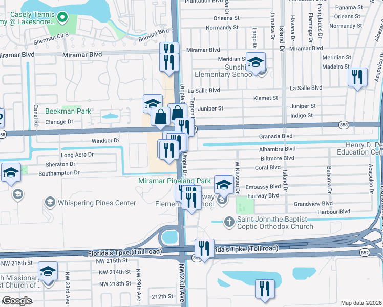map of restaurants, bars, coffee shops, grocery stores, and more near 7921 Alhambra Boulevard in Miramar
