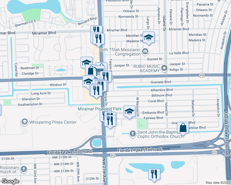 map of restaurants, bars, coffee shops, grocery stores, and more near 7921 Alhambra Boulevard in Miramar