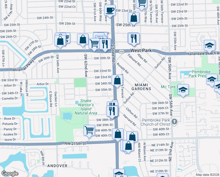 map of restaurants, bars, coffee shops, grocery stores, and more near in Miramar