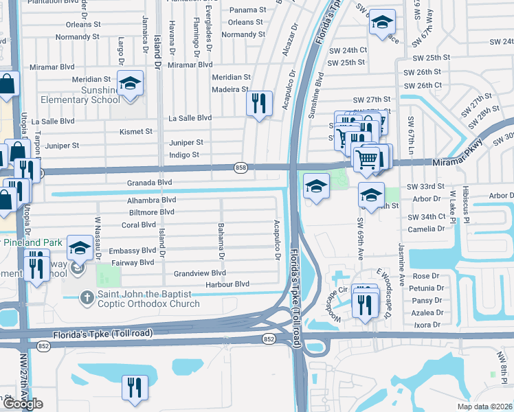 map of restaurants, bars, coffee shops, grocery stores, and more near 7150 Alhambra Boulevard in Miramar