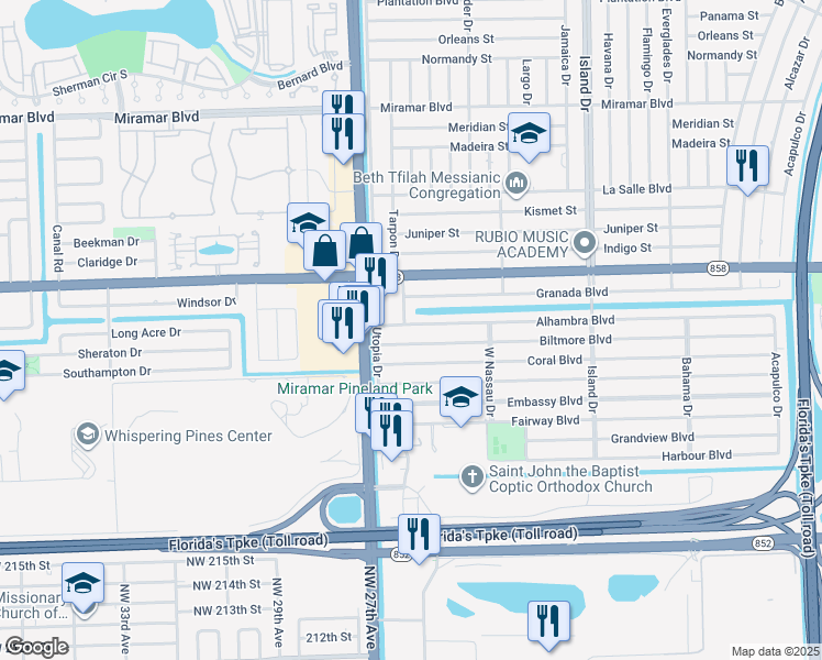 map of restaurants, bars, coffee shops, grocery stores, and more near 7921 Alhambra Boulevard in Miramar