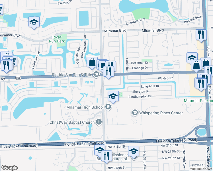 map of restaurants, bars, coffee shops, grocery stores, and more near 8845 Long Acre Drive in Miramar