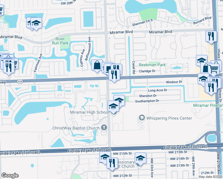 map of restaurants, bars, coffee shops, grocery stores, and more near 8845 Long Acre Drive in Miramar