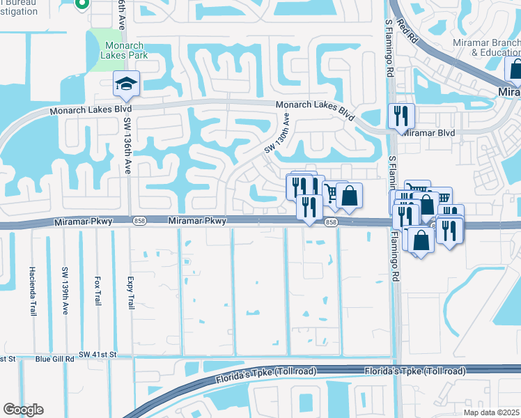 map of restaurants, bars, coffee shops, grocery stores, and more near 12847 Southwest 31st Court in Miramar