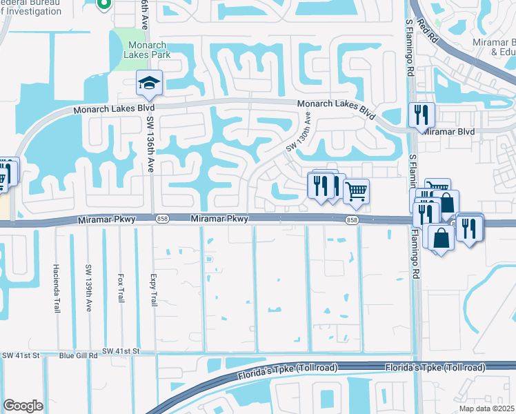 map of restaurants, bars, coffee shops, grocery stores, and more near 3157 Southwest 129th Way in Miramar