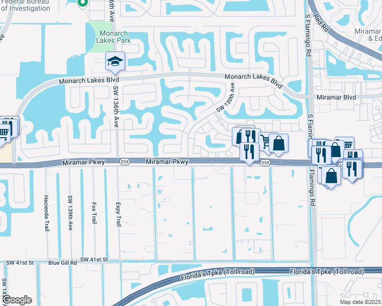 map of restaurants, bars, coffee shops, grocery stores, and more near 3155 Southwest 131st Avenue in Miramar
