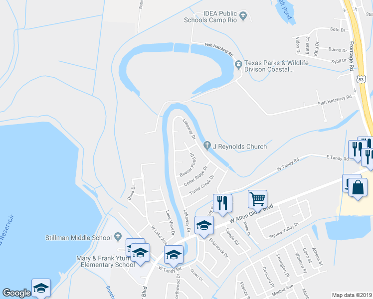 map of restaurants, bars, coffee shops, grocery stores, and more near 1398 Elm Ridge Lane in Brownsville