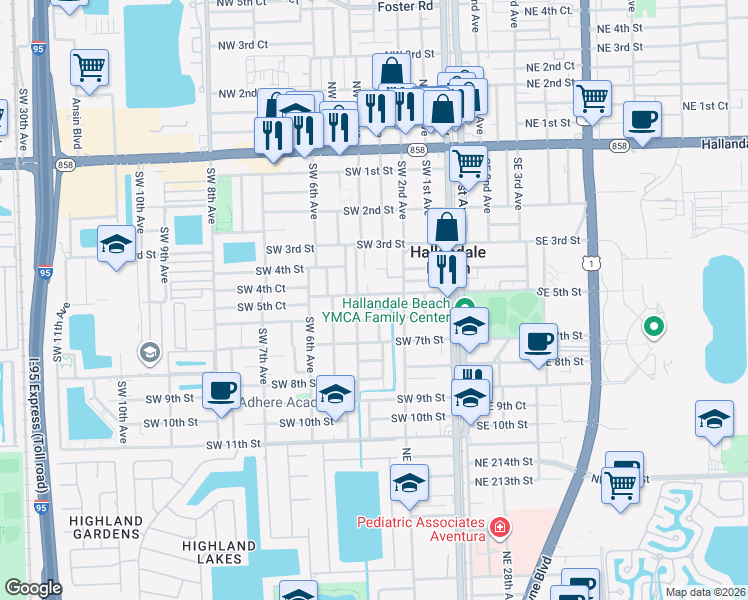 map of restaurants, bars, coffee shops, grocery stores, and more near 210 Southwest 5th Street in Hallandale Beach
