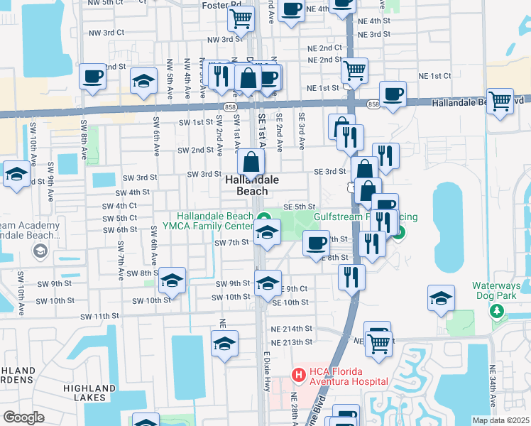 map of restaurants, bars, coffee shops, grocery stores, and more near 501 Southeast 1st Avenue in Hallandale Beach