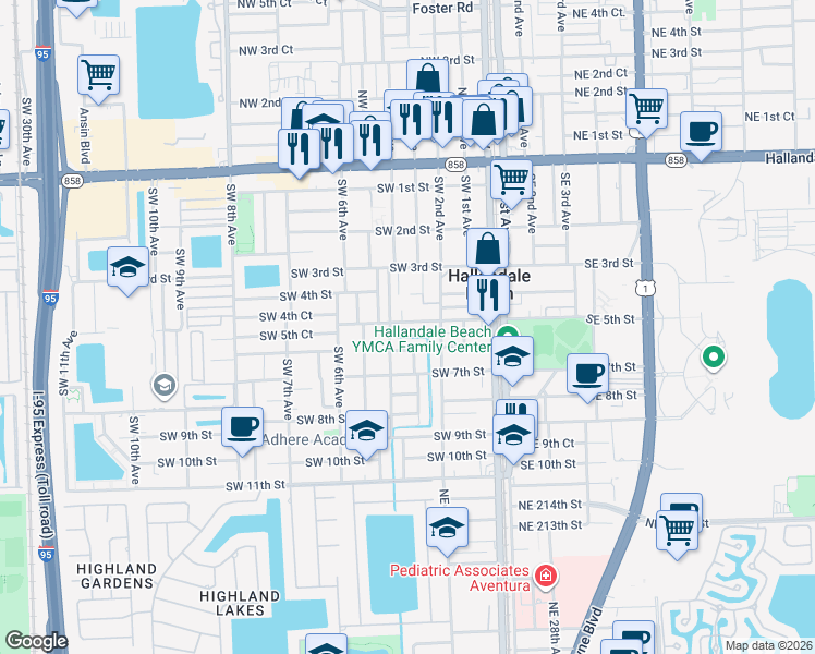 map of restaurants, bars, coffee shops, grocery stores, and more near 210 Southwest 5th Street in Hallandale Beach