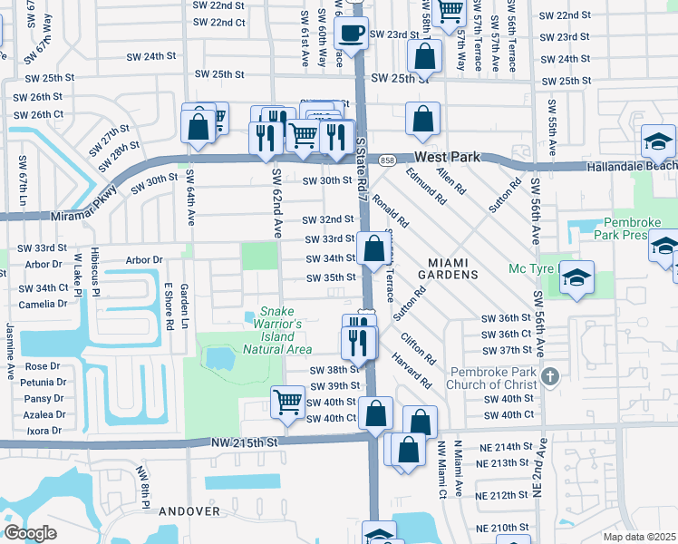 map of restaurants, bars, coffee shops, grocery stores, and more near 6020 Southwest 34th Street in Miramar