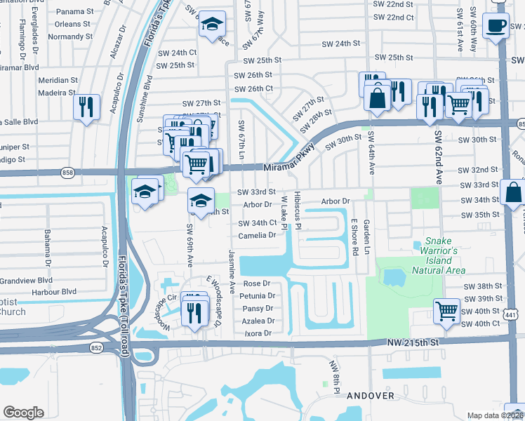 map of restaurants, bars, coffee shops, grocery stores, and more near 6733 Arbor Drive in Miramar
