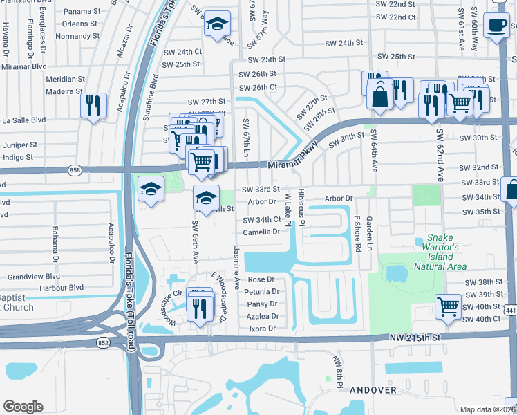 map of restaurants, bars, coffee shops, grocery stores, and more near 6733 Arbor Drive in Miramar