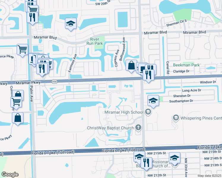 map of restaurants, bars, coffee shops, grocery stores, and more near 9291 East Fern Lane in Miramar