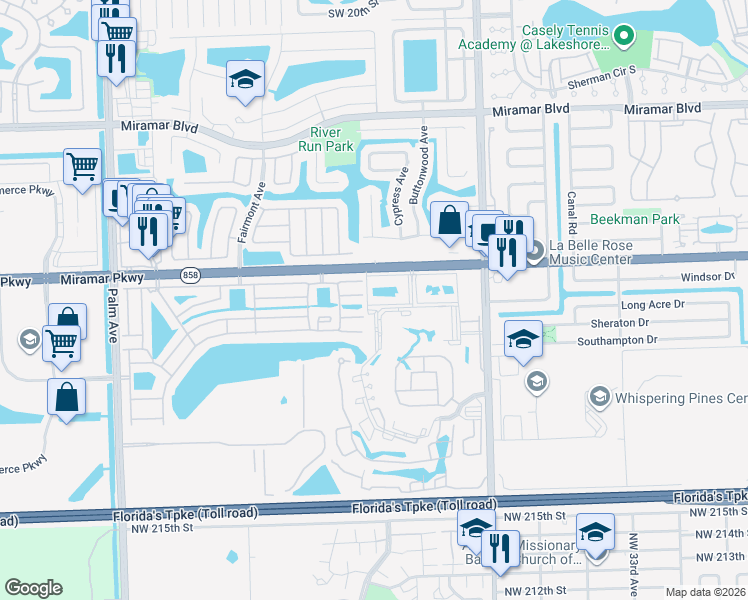 map of restaurants, bars, coffee shops, grocery stores, and more near 9291 East Fern Lane in Miramar