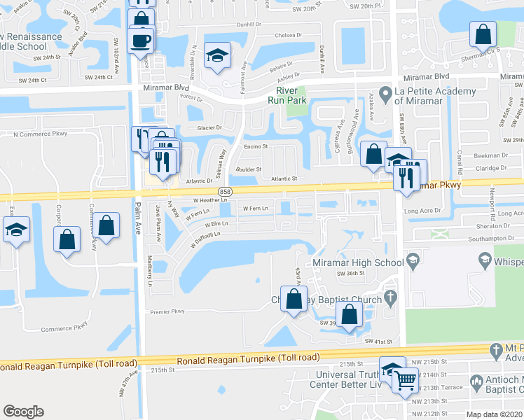 map of restaurants, bars, coffee shops, grocery stores, and more near 9501 West Fern Lane in Miramar