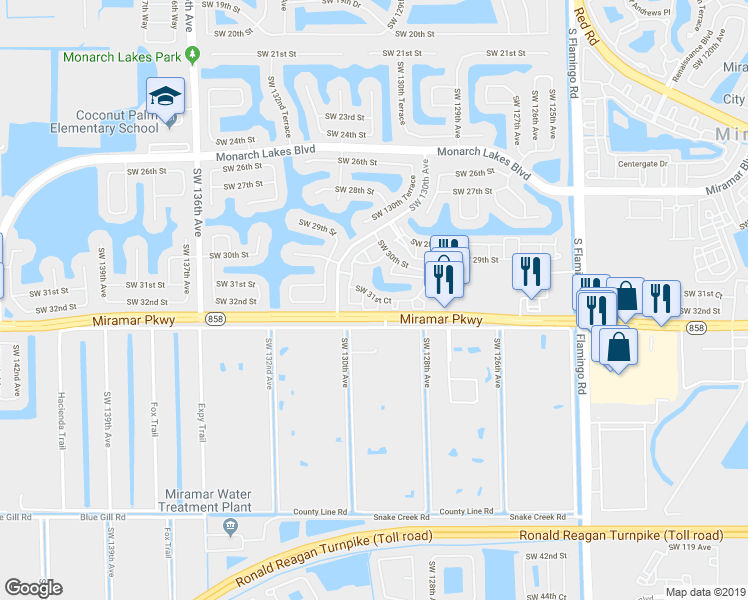 map of restaurants, bars, coffee shops, grocery stores, and more near 3157 Southwest 129th Way in Miramar
