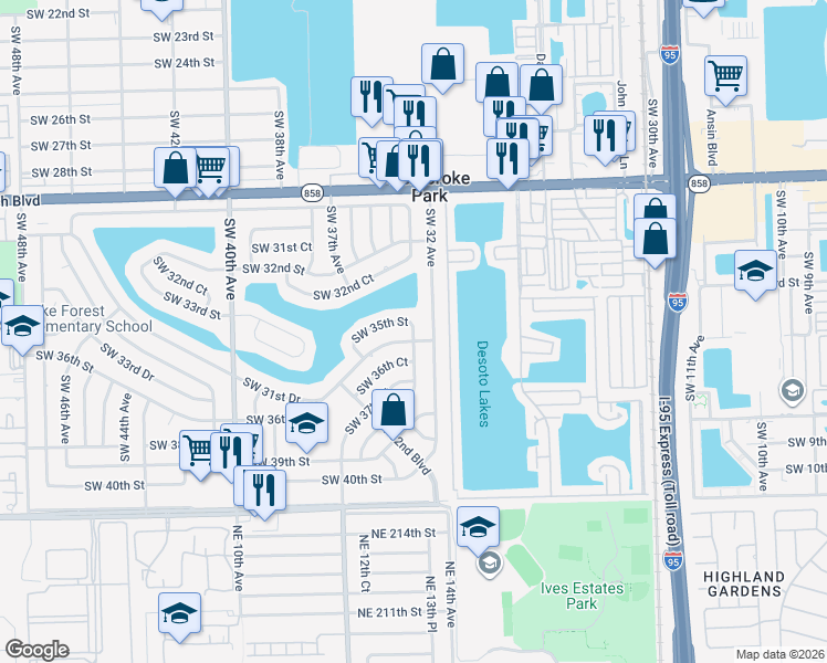 map of restaurants, bars, coffee shops, grocery stores, and more near 3310 Southwest 35th Street in West Park
