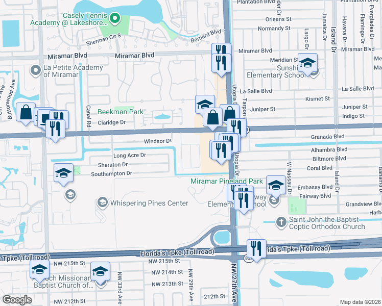 map of restaurants, bars, coffee shops, grocery stores, and more near 3212 Onyx Road in Miramar