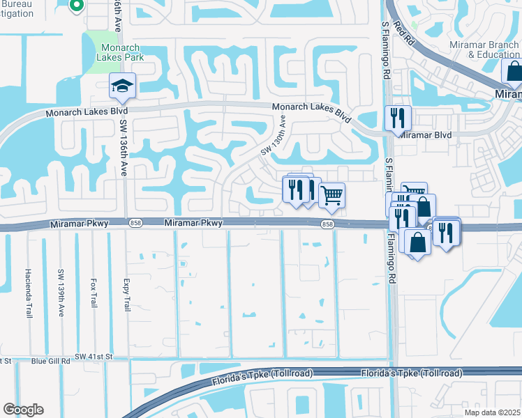 map of restaurants, bars, coffee shops, grocery stores, and more near 12847 Southwest 31st Court in Miramar