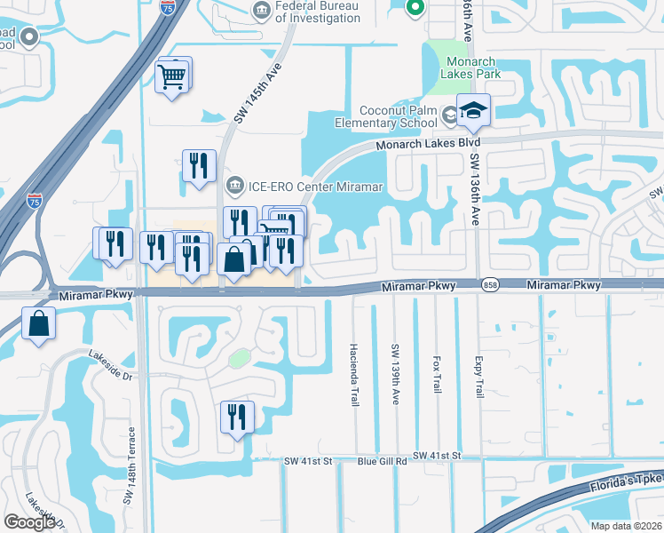 map of restaurants, bars, coffee shops, grocery stores, and more near 14104 Southwest 31st Street in Miramar