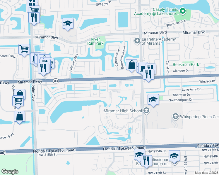 map of restaurants, bars, coffee shops, grocery stores, and more near 9291 East Fern Lane in Miramar