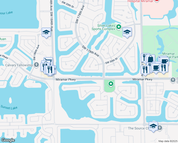 map of restaurants, bars, coffee shops, grocery stores, and more near 18048 Southwest 30th Court in Miramar