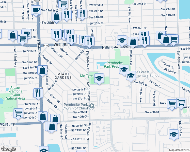 map of restaurants, bars, coffee shops, grocery stores, and more near 5390 Southwest 34th Street in Pembroke Park
