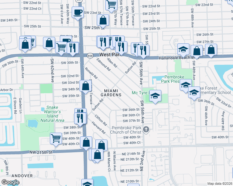 map of restaurants, bars, coffee shops, grocery stores, and more near 105 Ronald Road in West Park