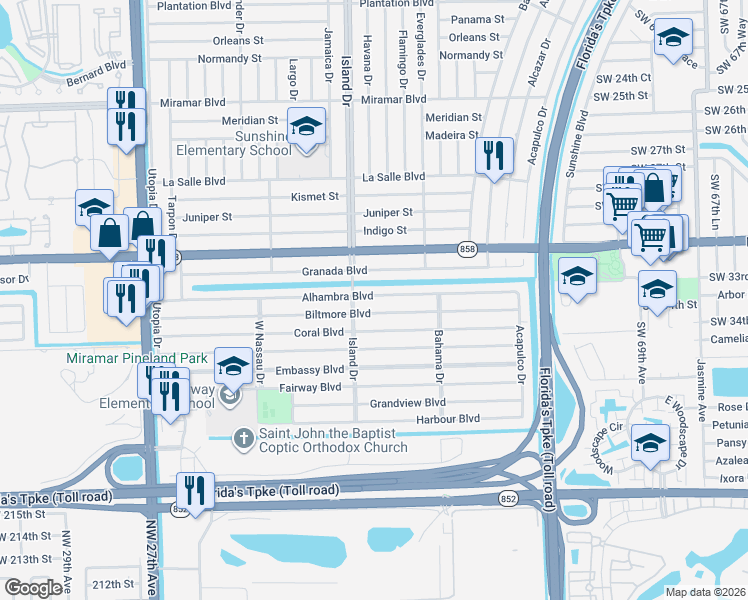map of restaurants, bars, coffee shops, grocery stores, and more near 7661 Alhambra Boulevard in Miramar