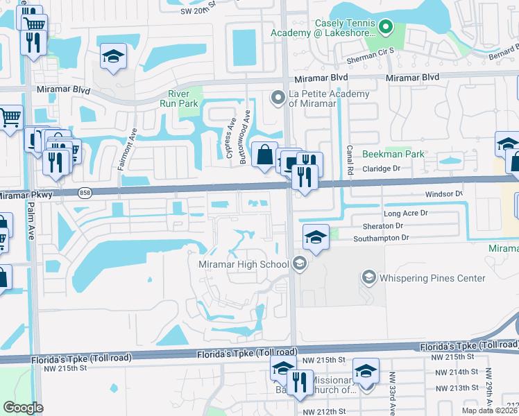 map of restaurants, bars, coffee shops, grocery stores, and more near 3235 Foxcroft Road in Miramar