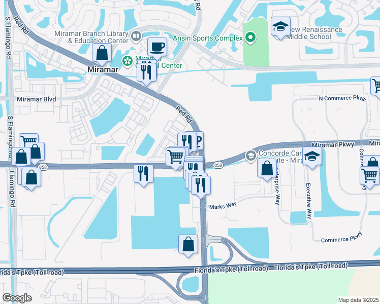 map of restaurants, bars, coffee shops, grocery stores, and more near 3100-3232 Southwest 111A in Miramar