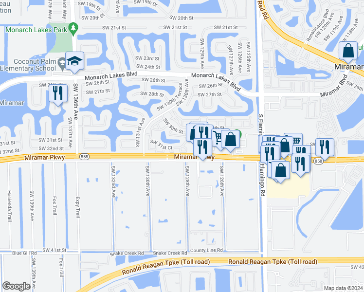 map of restaurants, bars, coffee shops, grocery stores, and more near 12847 Southwest 31st Court in Miramar