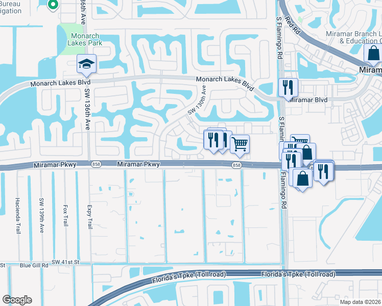 map of restaurants, bars, coffee shops, grocery stores, and more near 12847 Southwest 31st Court in Miramar
