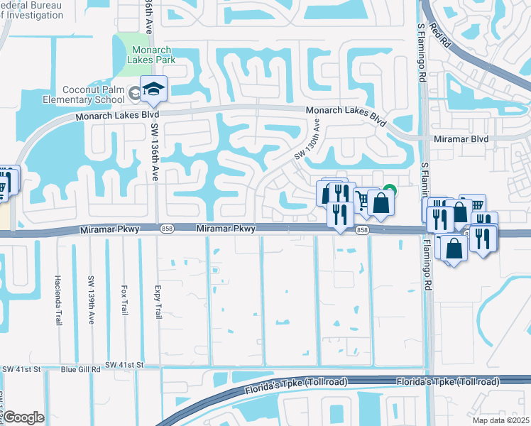 map of restaurants, bars, coffee shops, grocery stores, and more near 3157 Southwest 129th Way in Miramar